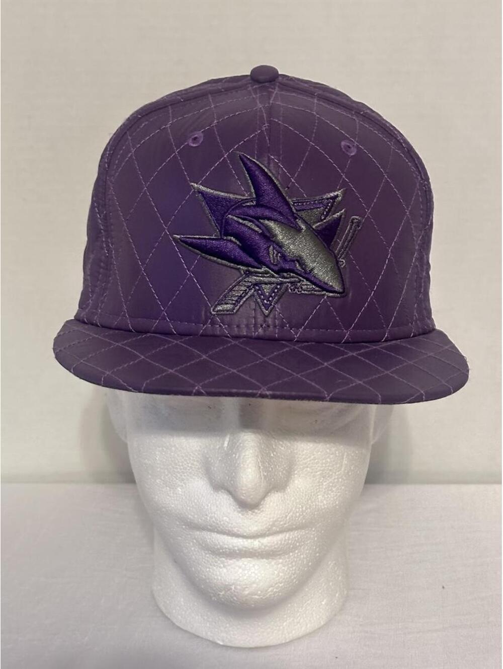 New Era San Jose Sharks 9FIFTY Snapback Cap with purple diamond quilted pattern.